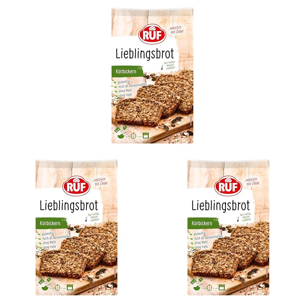 RUF Lieblingsbrot Protein, Brot-Backmischung, Brotmischung, Brotteig-Mischung, Proteinreiches Brot, Glutenfrei, Ohne Mehl & Hefe, 1 X 500G Naty Shop 600 G (3 Er Pack) Kà¼Rbiskern