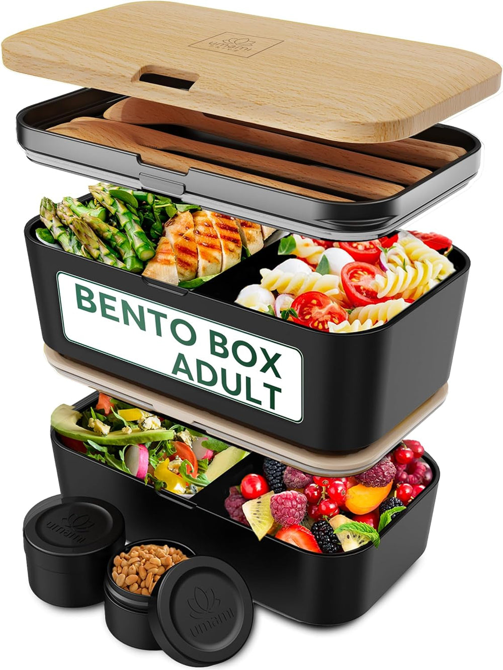 Cutie de prânz Umami pentru adulți, cutie bento stivuibilă etanșă cu 4 tacâmuri și compartimente, cutie de prânz pentru adulți, recipient pentru salată to-go, cutie de prânz pentru picnic / birou, gri cărbune, 1500 ml Cutii depozitare alimente Naty Shop Fag negru - 1500 Ml L - 1500 Ml Stivuibile unul în celălalt