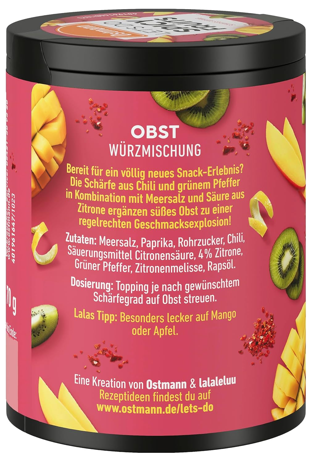 Ostmann Gewürze - Csináljunk fűszeres gyümölcsöket | Würzmischung für süßes Obst készítette: Lalaleluu | scharfes Obst-Topping mit Chili und Pfeffer, Lecker auf Apfel vagy Mango | 70 g Metalldose recyclebarban