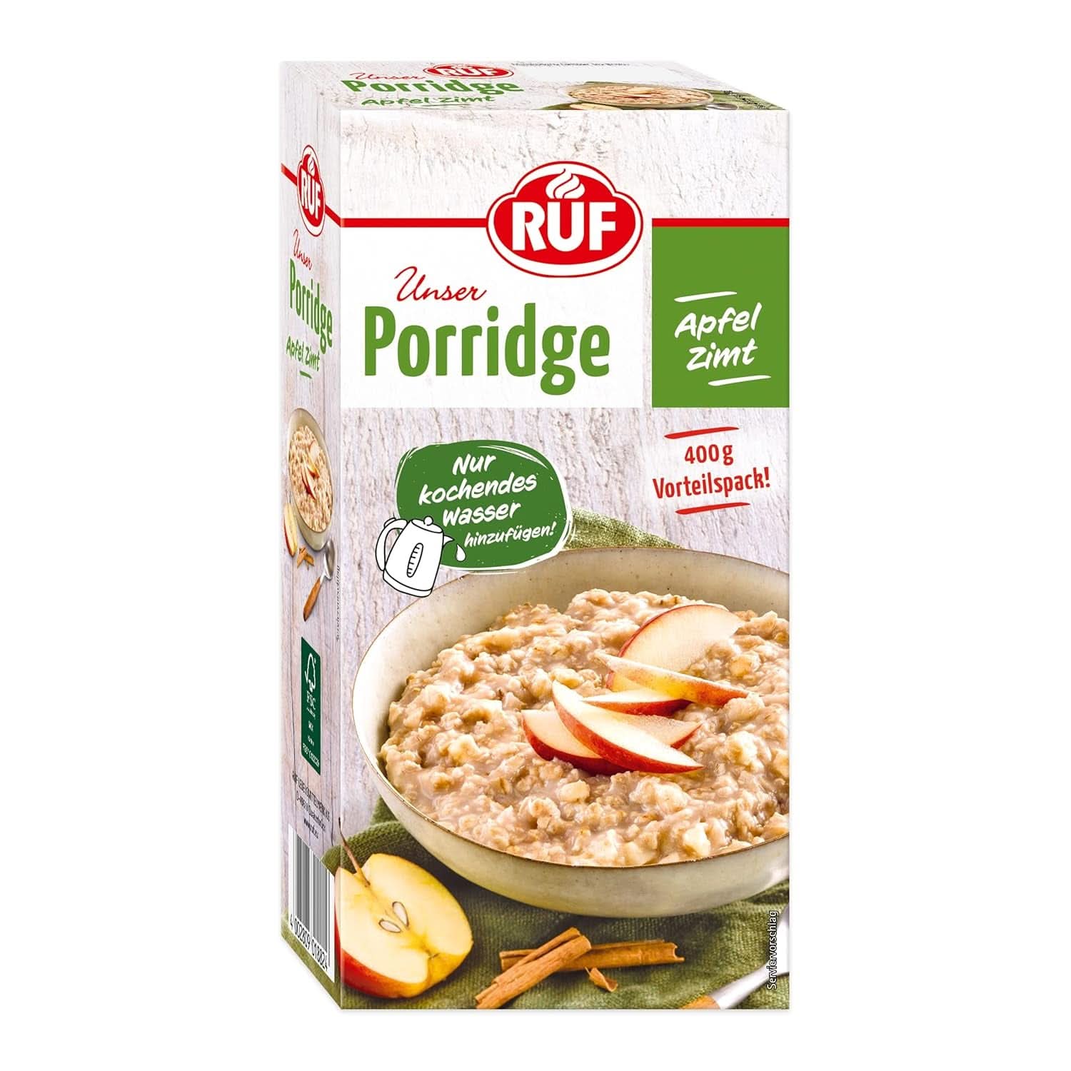 RUF Porridge Apple Cinnamon, cu fulgi de ovăz integral, aromă fină de scorțișoară și bucăți de mere uscate, 400 grame Cereale Naty Shop 400 grame Măr cu scorțișoară