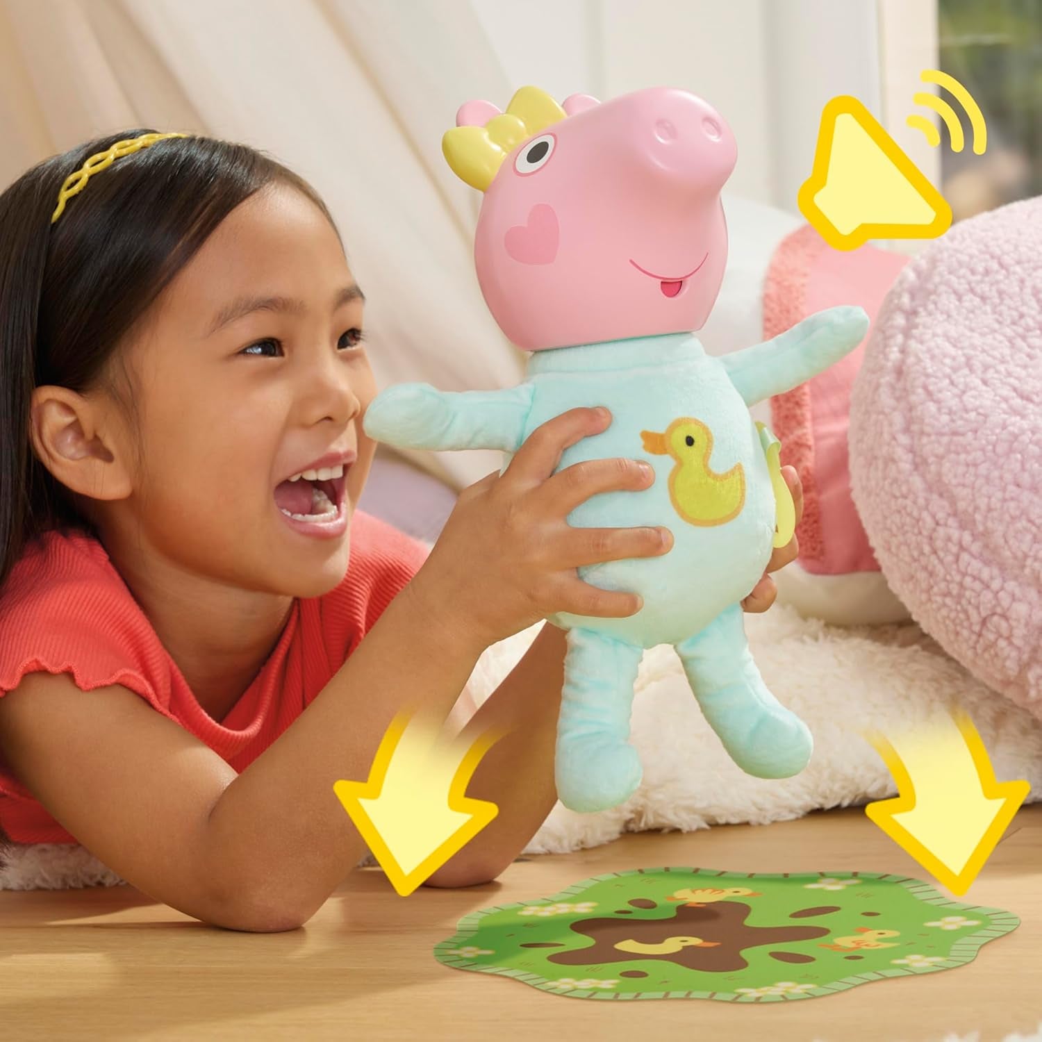 Peppa Pig Grunz und Kuschel Evie interaktive Babypuppe, 28 cm große Puppe für Mädchen mit 20 Geräuschen und vielen Funktionen, Spielzeug-Set für Kinder ab 3 Jahren