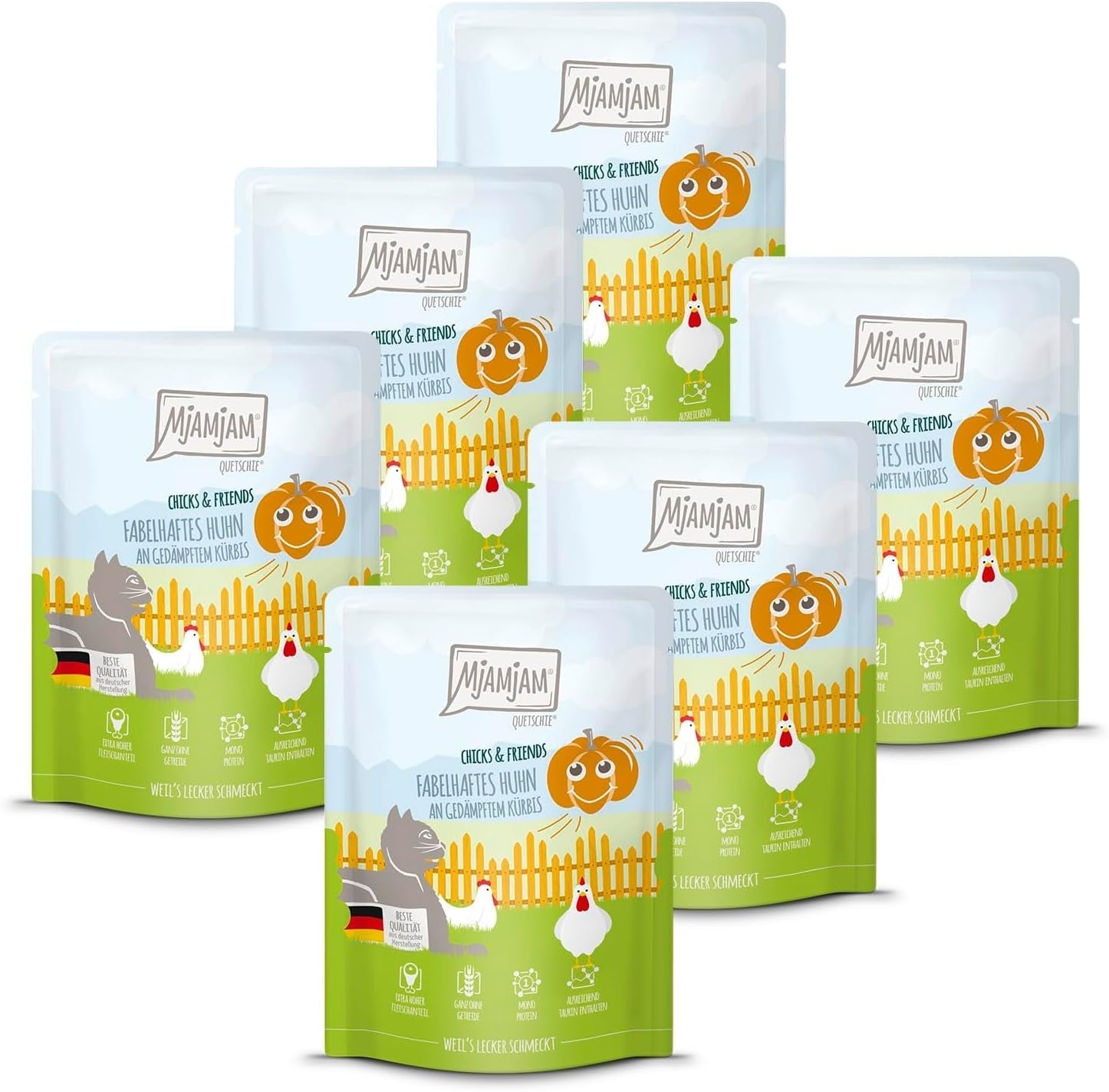 Mjamjam - Hrană umedă premium pentru pisici - Chicks & Friends Box, 9 pachete (9 X 300G), fără cereale și cu carne suplimentară