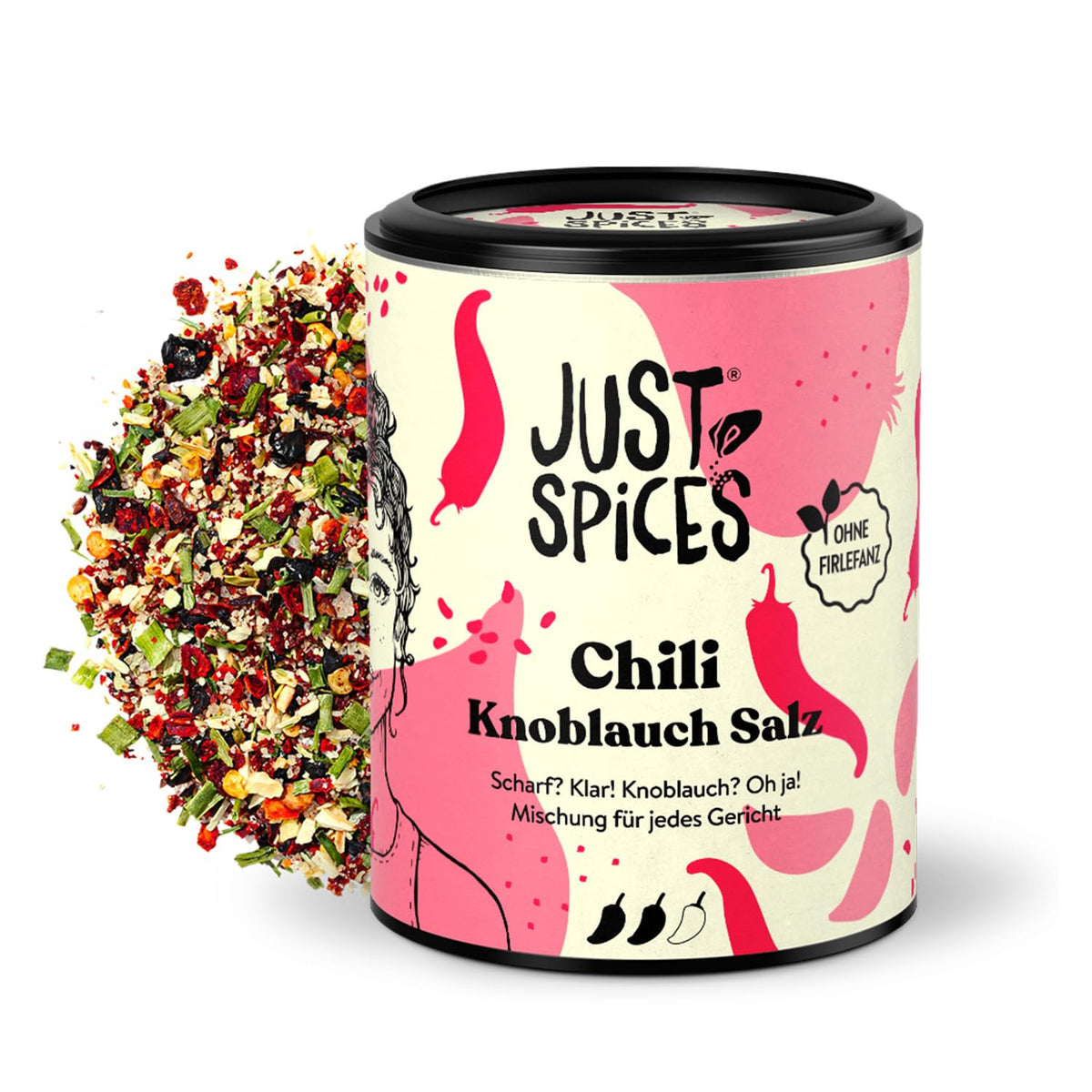 Just Spices Chili fokhagyma só I Gewürzmix, der zu allen Gerichten schmeckt I Gewürzdose, 55 g