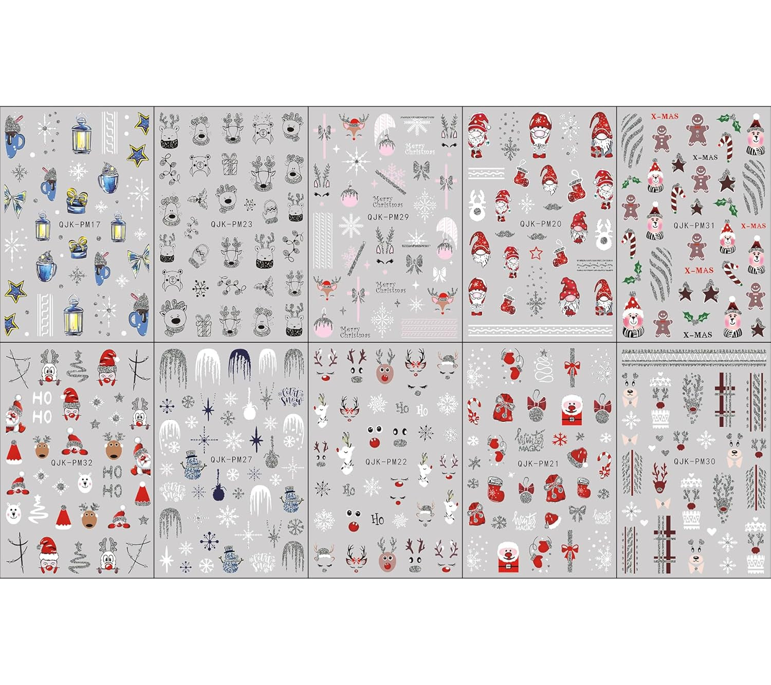 JMEOWIO Nagelsticker Glitzer Weihnachten 10 Blatt Nail Art Sticker Selbstklebend Nagelaufkleber Schneeflocken Winter Dekoration Nageldesign Zubehör