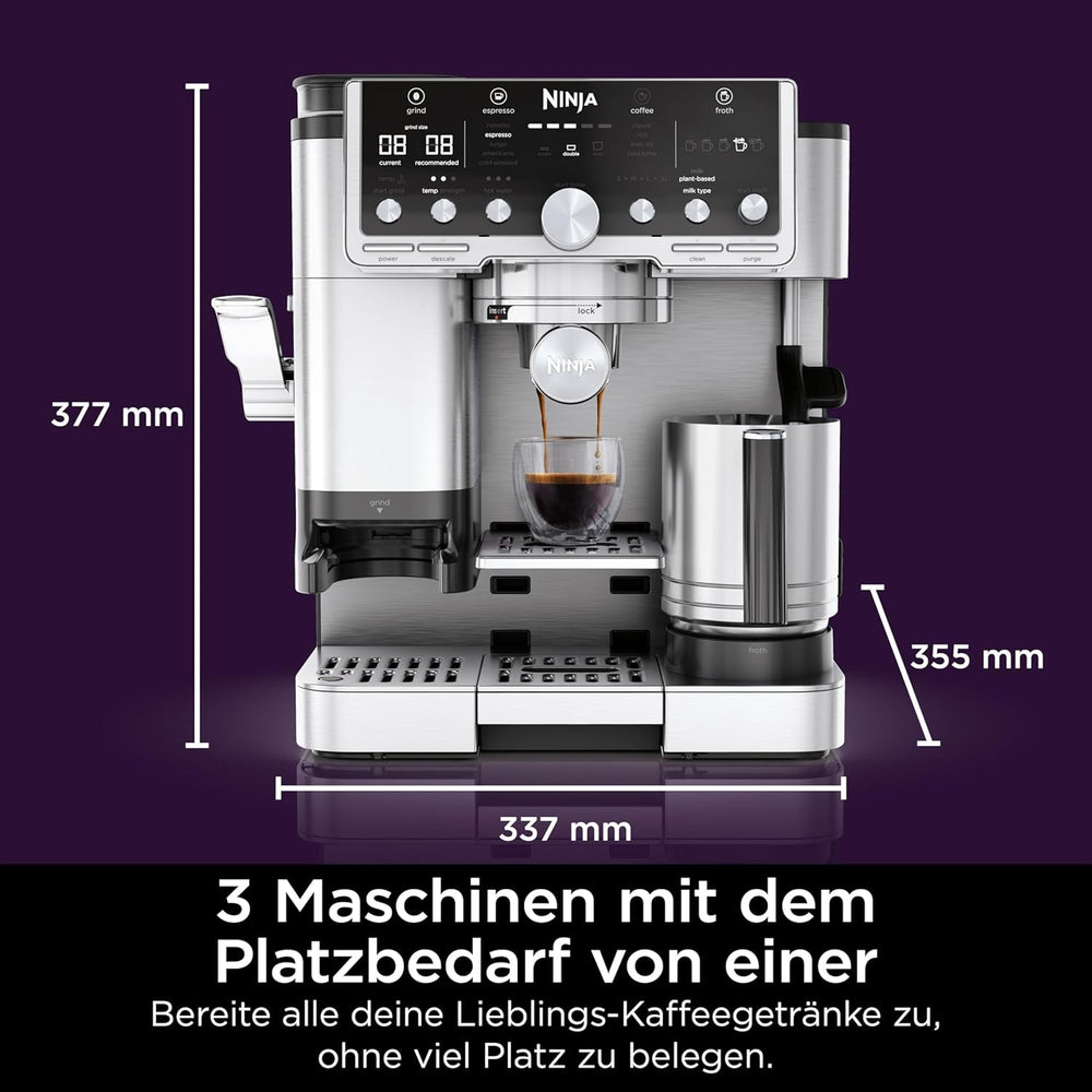 Aparat de cafea Ninja Luxe Pro 3 în 1 cu râșniță și spumator pentru latte, cappuccino, Cold Brew și espresso, ușor de utilizat, 5 presetări pentru spumator, argintiu, ES701EU