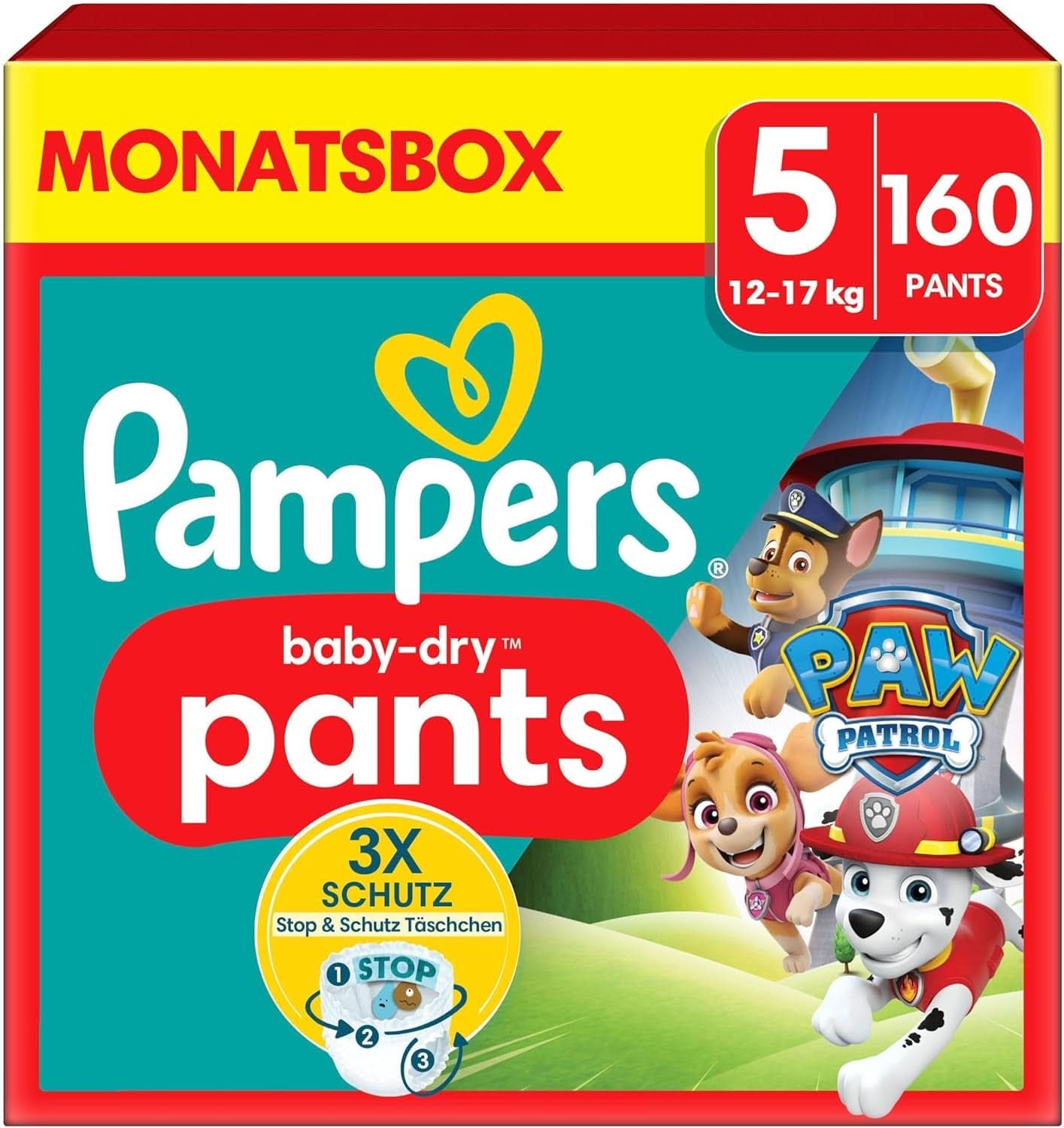 Pampers pelenkák Paw Patrol Pants 5-ös méret (12-17Kg) Baby-Dry, Junior Stop and Protect zsebbel, MONTHLY BOX, 160 pelenka Naty Shop 5 (160 db) Új