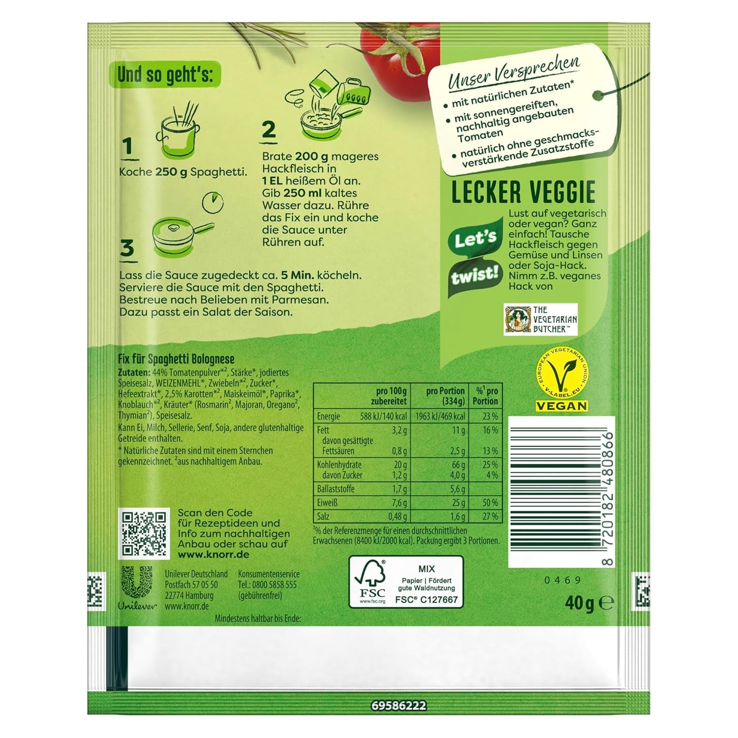 Knorr Fix Würzmischung Spaghetti Bolognese finom tésztaételhez természetes alapanyagokból 40 g