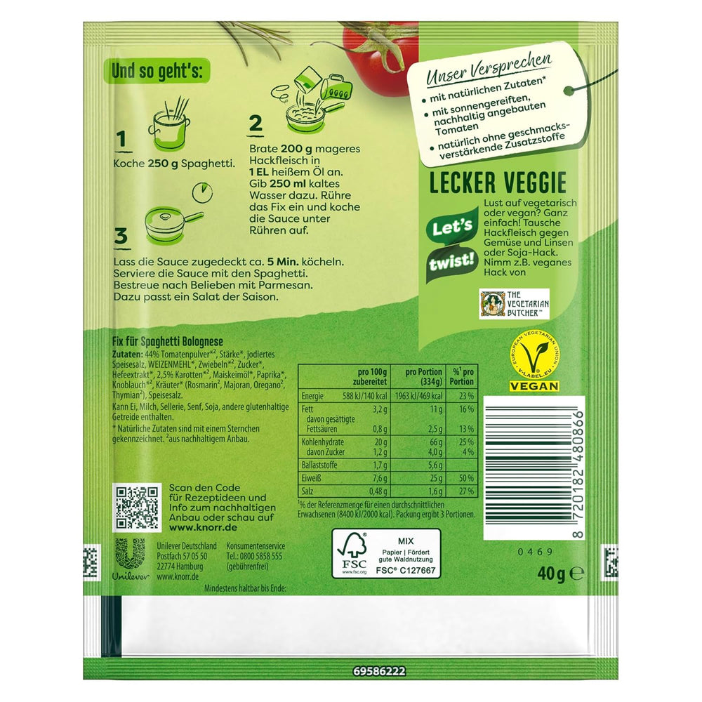 Knorr Fix Würzmischung Spaghetti Bolognese finom tésztaételhez természetes alapanyagokból 40 g