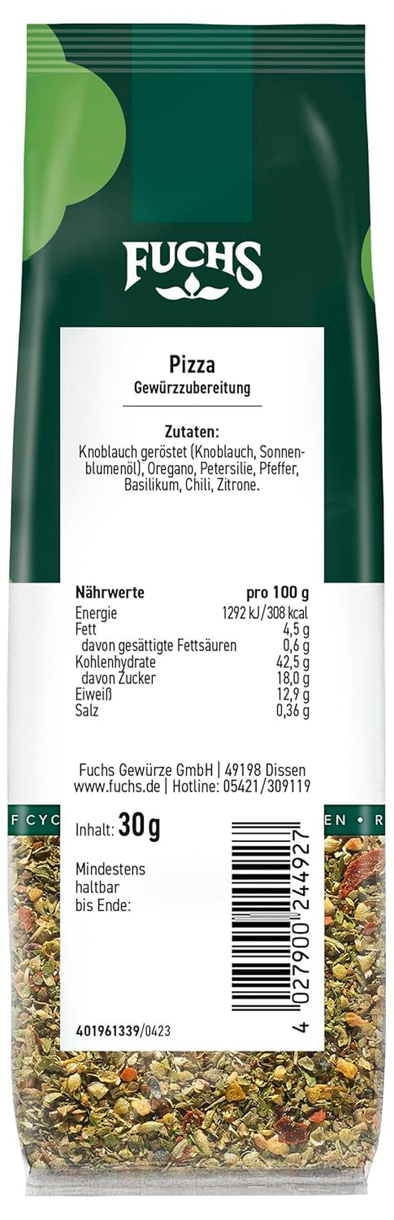 Fuchs Gewürze - Pizza Gewürzzubereitung újrahasznosítható Nachfüllbeutelben, Gewürzmischung mit Italianen Kräutern, ideális Bruschetta - 30 g
