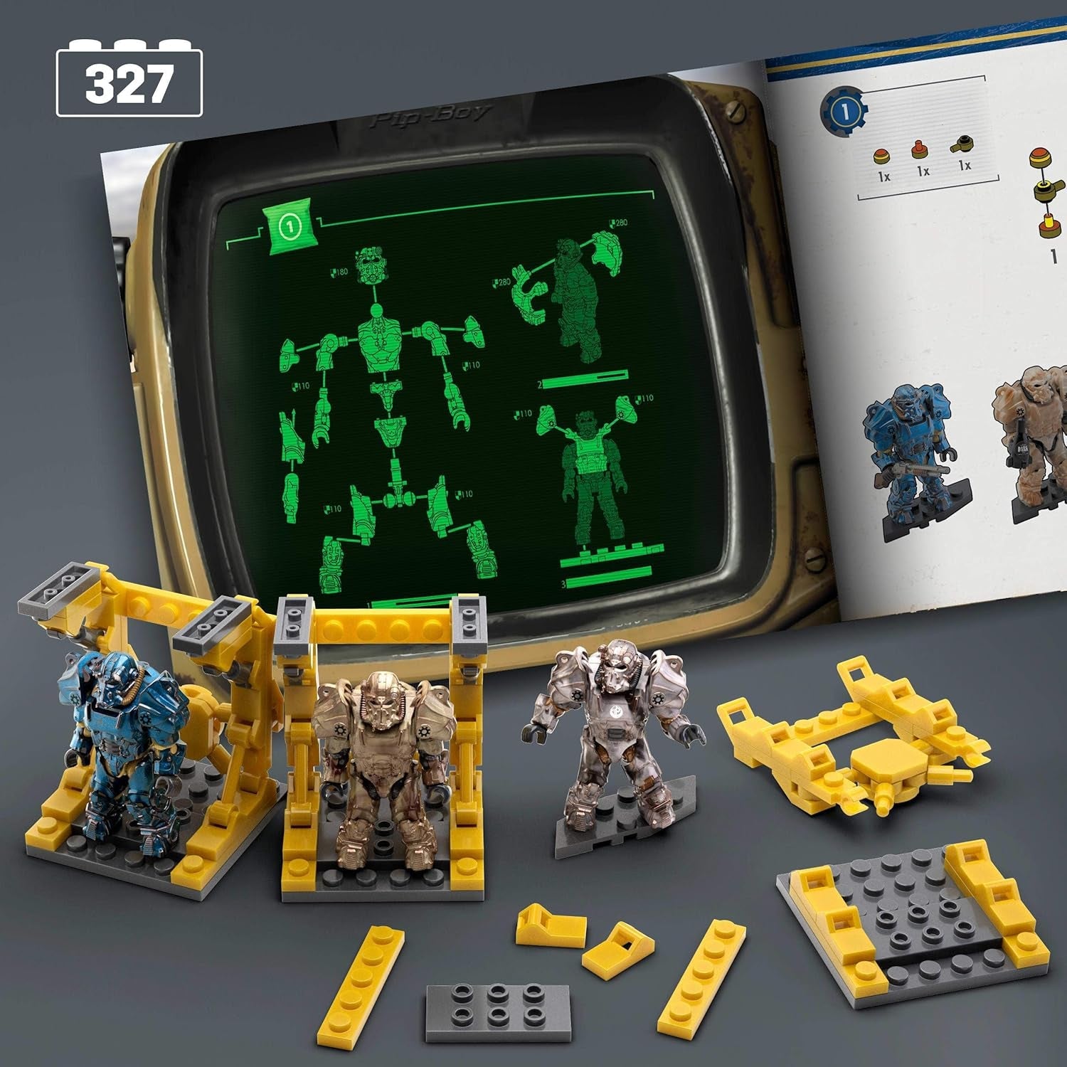 MEGA Fallout Actionfigur Bauspielzeug, T-60 Power Armor Collection mit 327 Teilen, 5 Mikro-Actionfiguren und Zubehör, für Sammler
