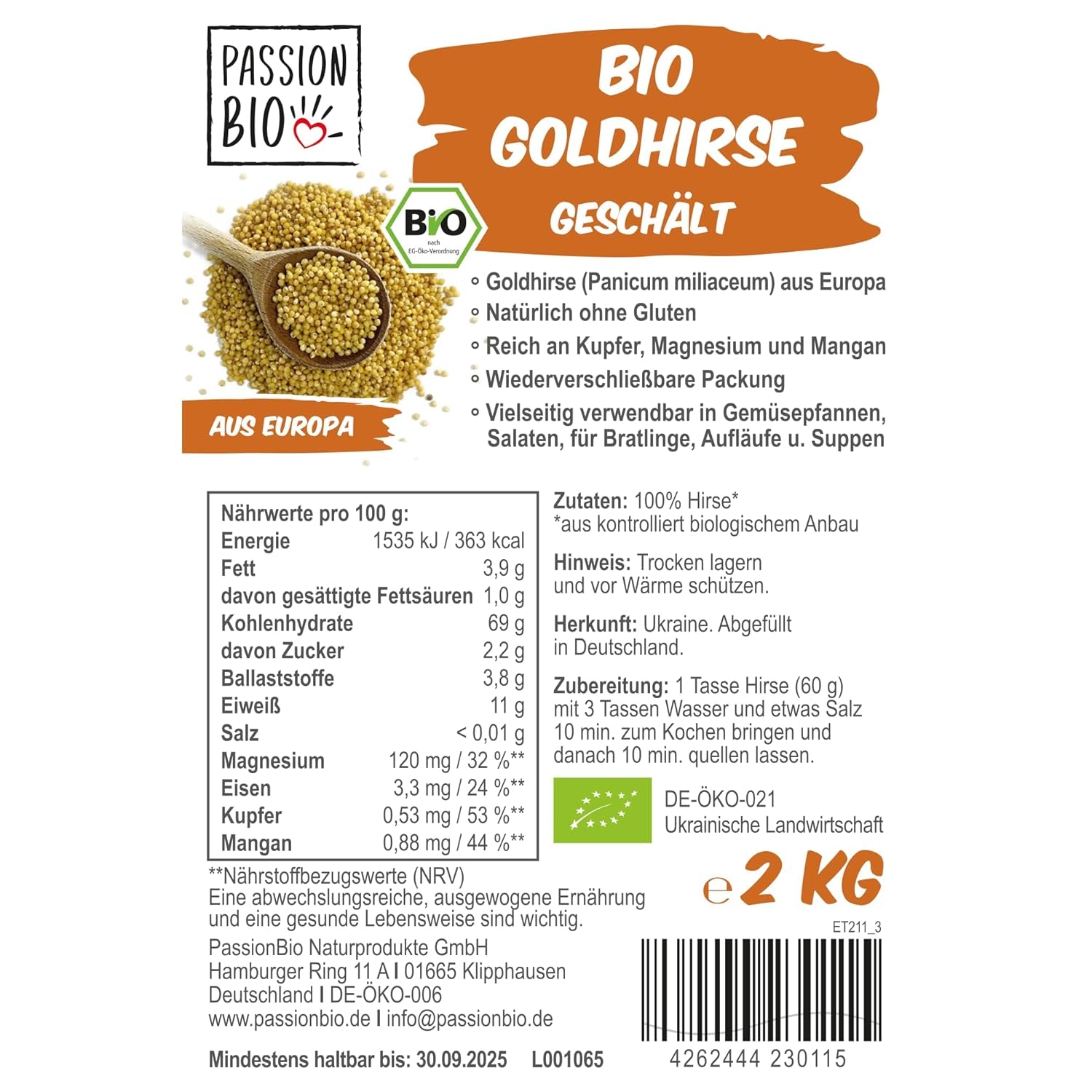 PassionBio bio arany köles 2 KG - visszazárható csomagolás