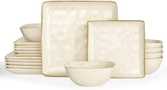 Set de veselă din gresie pentru 6 persoane, seria Ocean, set de veselă pătrată cu 18 piese, set de farfurii, serviciu combinat cu glazură reactivă, veselă rezistentă la zgârieturi, bej