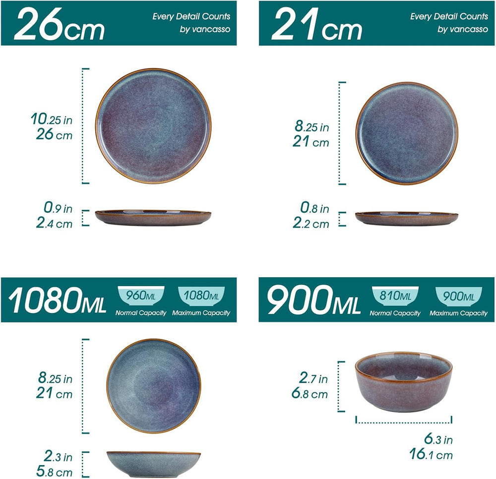 Geschirrset 6 Personen, vancasso PLAYA 24tlg Reaktive Glasur Steingut Tafelservice 6 Personen Modern, Beinhaltet Schüssel, Suppenteller, Dessertteller, Speiseteller, Spülmaschinenfest, Lavendelblau