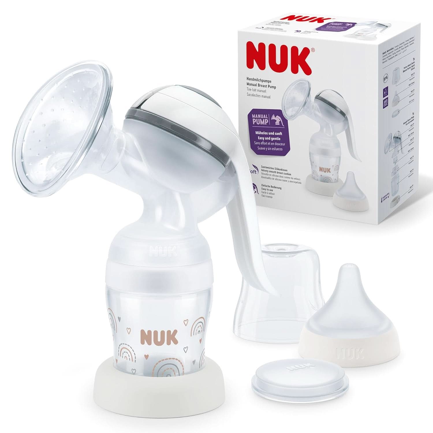 NUK kézi mellszívó készlet, Puha szilikon párna, 2 tökéletesen kombinált cumisüveg, 150 ml Étel és Szoptatás Kiegészítők Bebe Naty Shop Handmilchpumpe