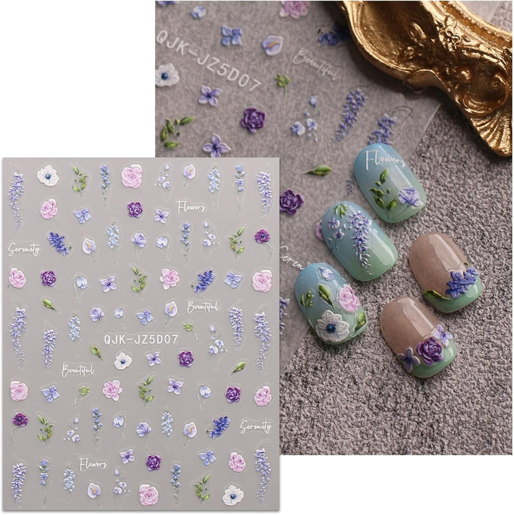 JMEOWIO 3D Nagelsticker Blumen Nail Art Sticker Selbstklebend Nagelaufkleber 5D Stereoskopisch Frühling Sommer Blumen Dekoration Nageldesign Zubehör 4 Blatt