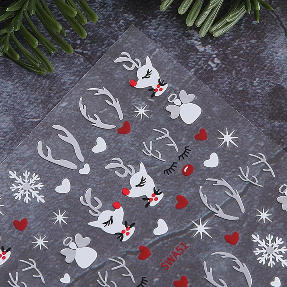 Autocolante de unghii cu fulgi de zăpadă și desene animate, autocolante de unghii de Crăciun, autoadezive, design de unghii de Crăciun, artă pentru unghii, cerbi, fulgi de zăpadă, autocolante de unghii de Crăciun, accesorii pentru unghii de iarnă