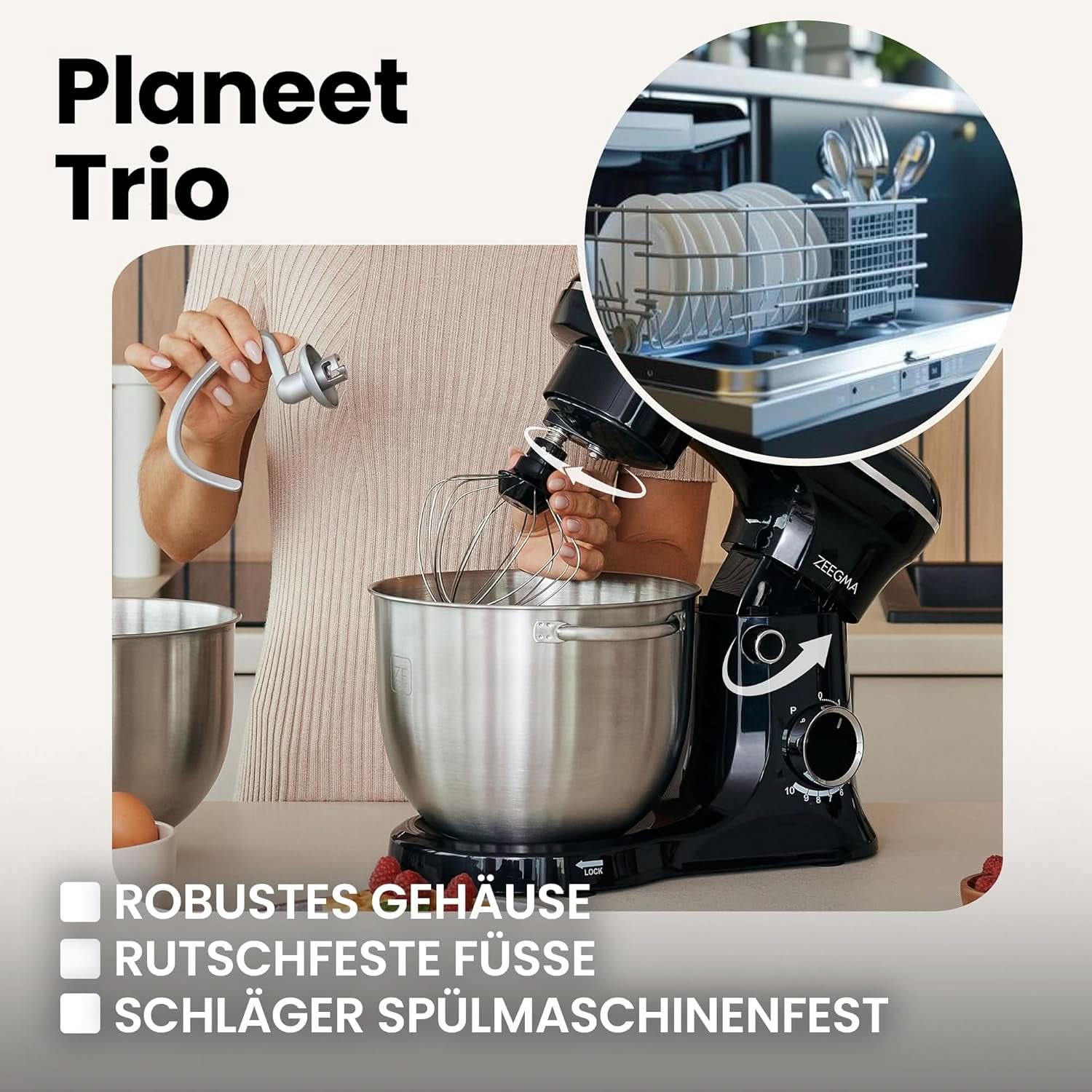 ZEEGMA PLANEET TRIO Planetenroboter, 1500 W, Multifunkcionális Küchenmaschine Mit 3 Schüsseln 4 L, 4,5 L és 5,2 L, 10 Betriebsgeschwindigkeiten, Mixer Mit Haken, Schneebesen (Schwarz) Mother and Child Naty Shop