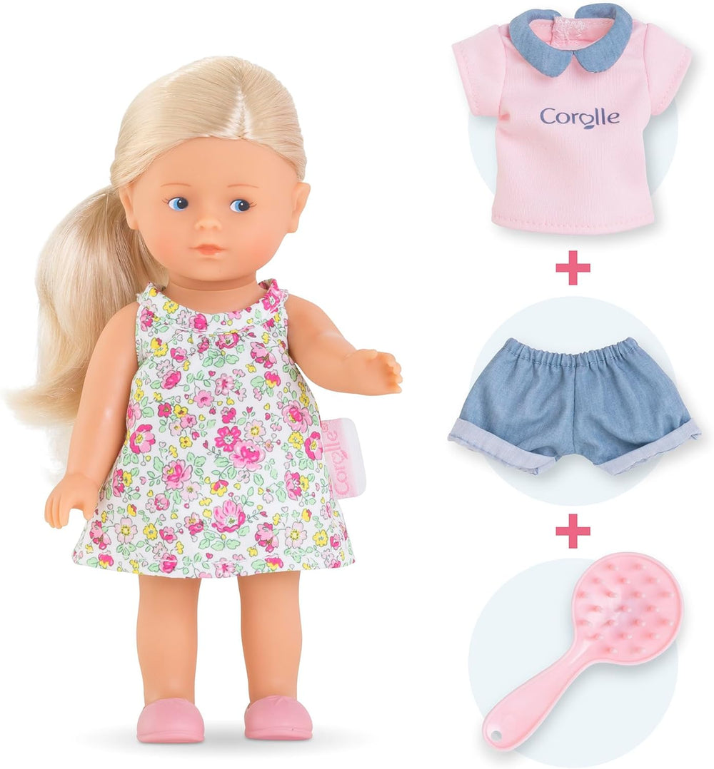 Les Trends Corolline Rosy Miniwelt készlet, Vollvinylpuppe mit langem Haar, Bürste, extra outfit Geschenkboxban, 4 Teile, Vanilleduft, 20 cm, kb 3 Jahren