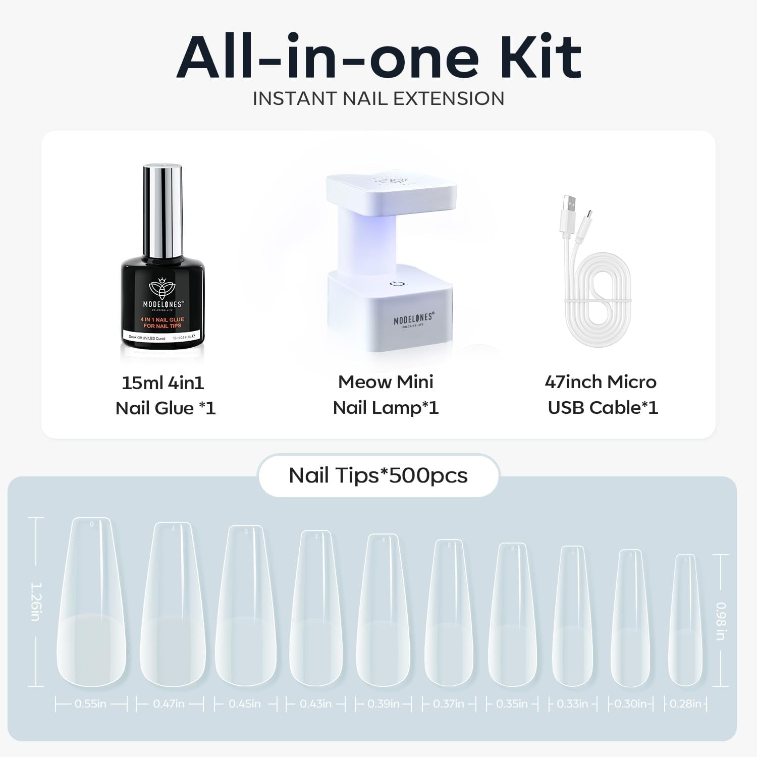 Modelones Kit pentru unghii și gel adeziv 500 buc. Set extensii unghii cu gel adeziv Kit unghii cu gel, adeziv unghii și mini lampă unghii acoperire completă vârfuri unghii presă pe Nail Art Studio Salon DIY