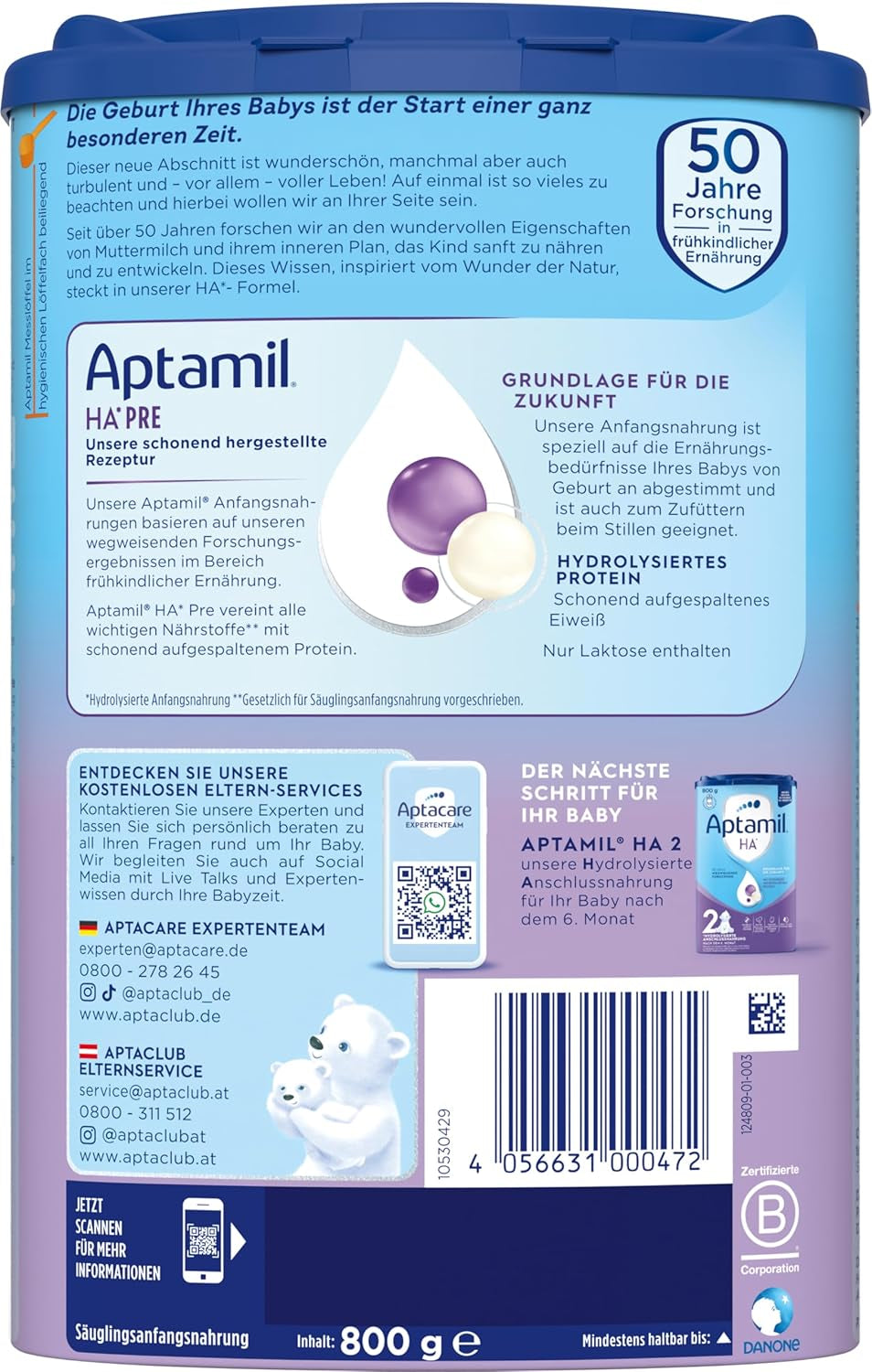 Aptamil HA PRE – Anfangsmilch von Geburt an, Mit DHA, Nur laktóz, Ohne Palmöl, Babynahrung, Milchpulver, 1x800 g