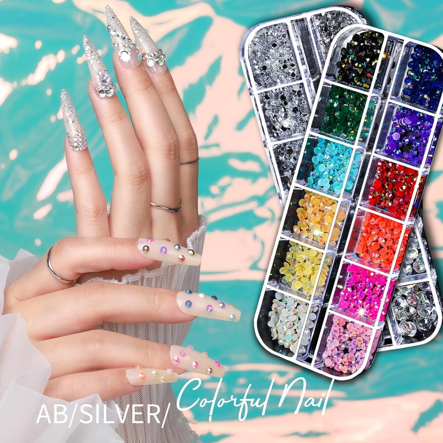 Nail Charms,6 Boxen Gold Silber Nagel Charms 3D Gold Bogen Stern Nail Art Dekoration+6200 Strasssteine Bunt Steine AB Perlen Diamanten,3D Legierung Bow Nail Gems Nagel Deko Für Frauen Nagel (6-A)