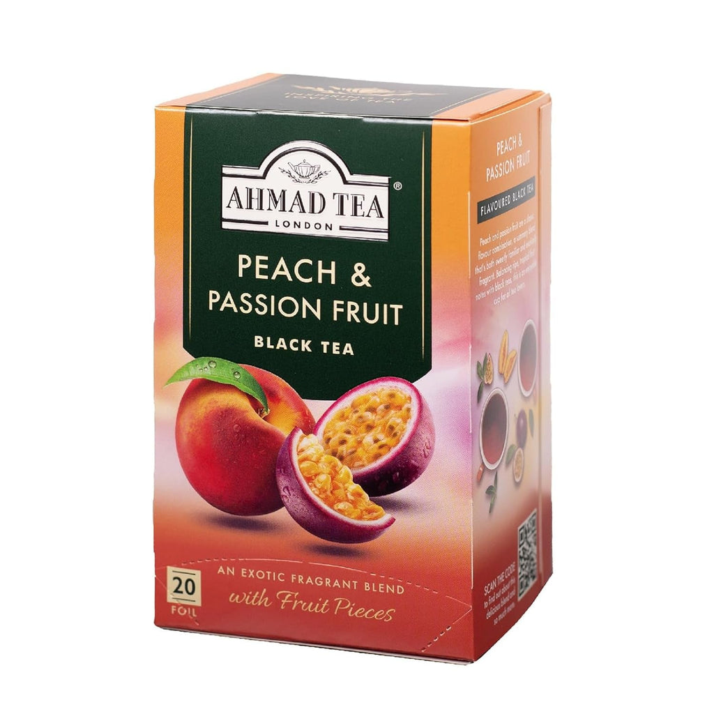 Ahmad Tea - Fruit Tea Selection - Sortiment de ceaiuri de fructe din ceai negru - Măr, piersică și fructul pasiunii, căpșuni, lămâie și lime - Ambalate individual și sigilate pentru păstrarea aromelor - 20 pliculețe de ceai cu bandă