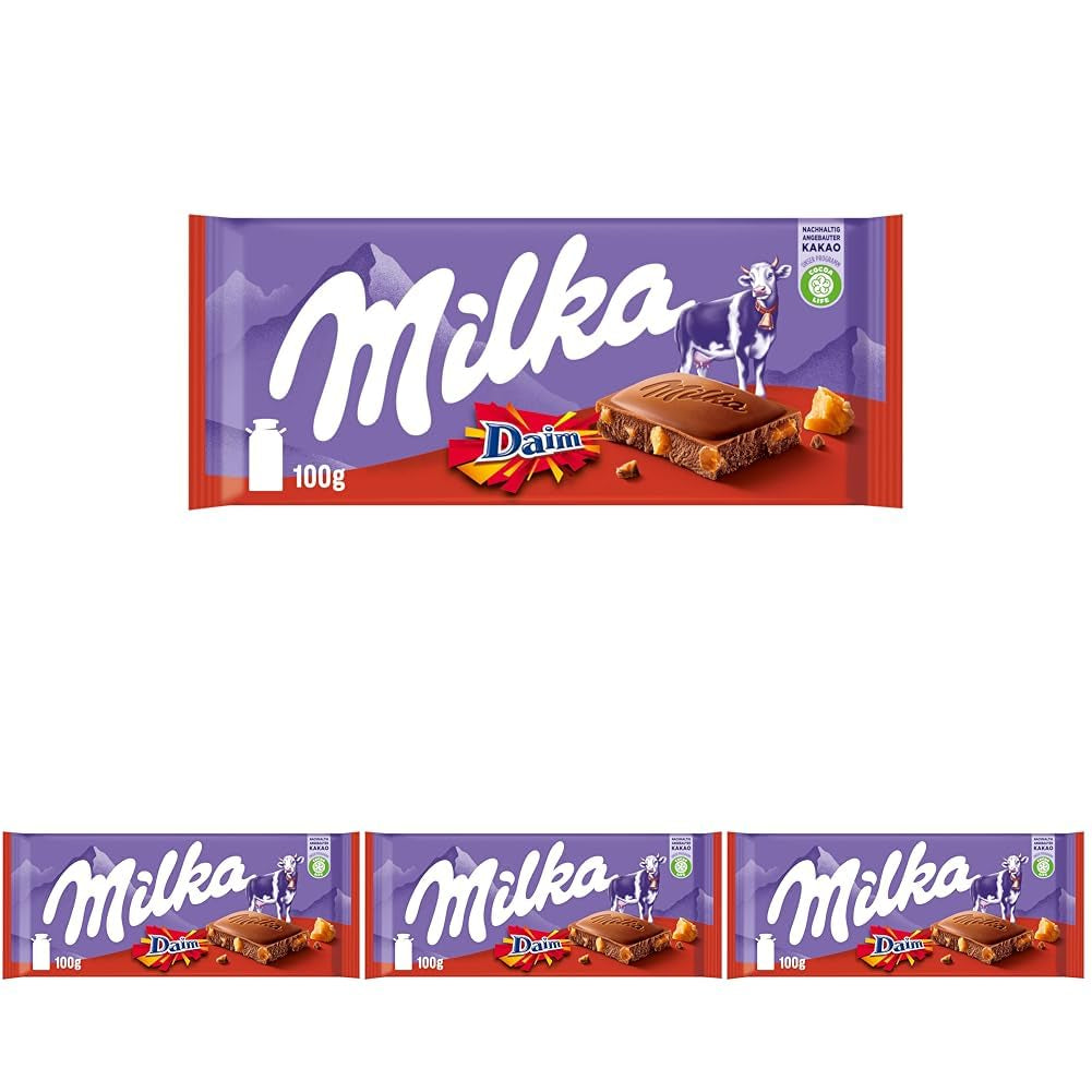 & Daim 1 x 100 g I alpesi tejcsokoládé I karamell- és manduladarabokkal I 100% alpesi tejcsokoládé I Daim-szelet csokoládé (4 db-os csomag)