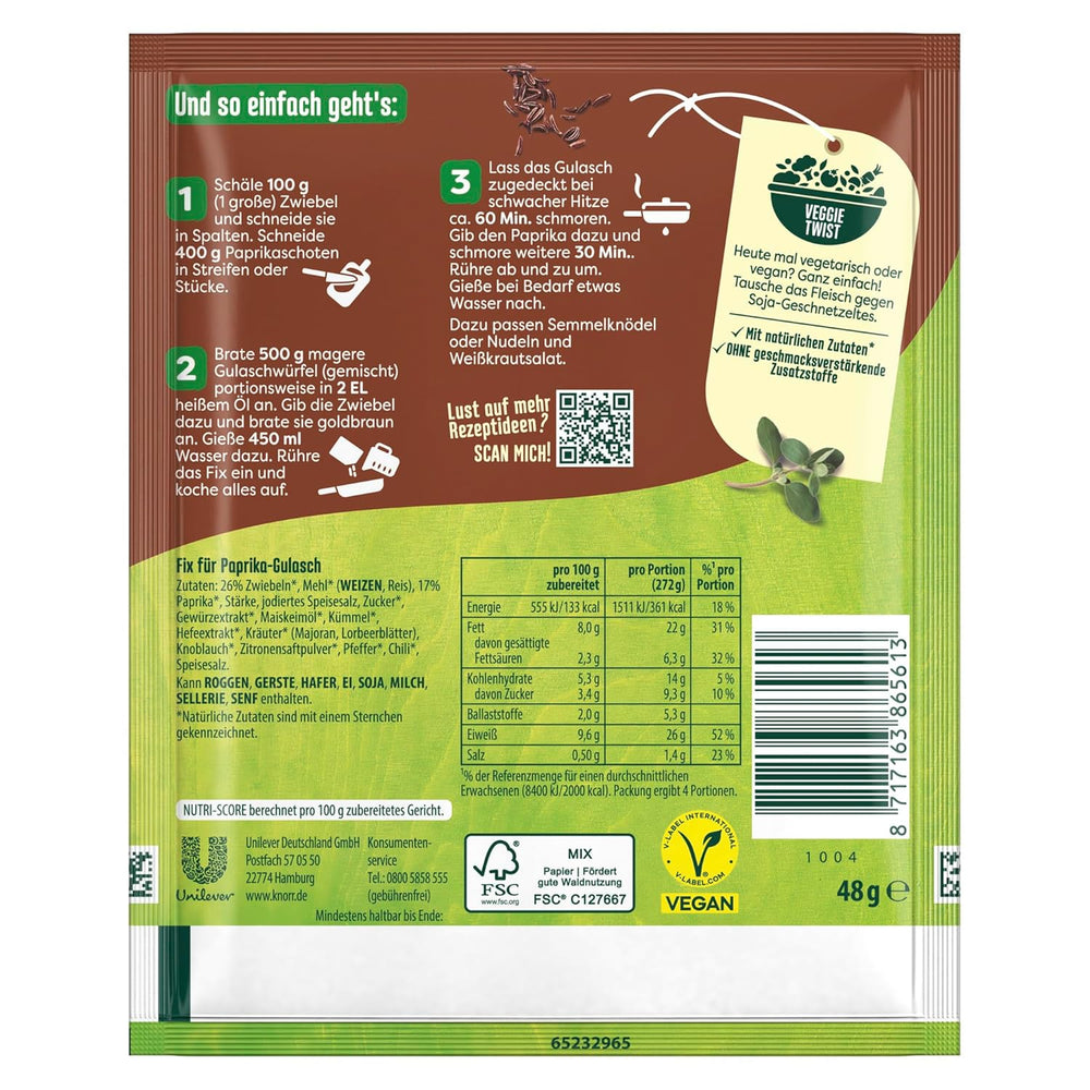 Knorr Fix Würzmischung Paprika-Gulash für eine leckeres Fleischgericht mit natürliche Ingredienten 4 Portionen