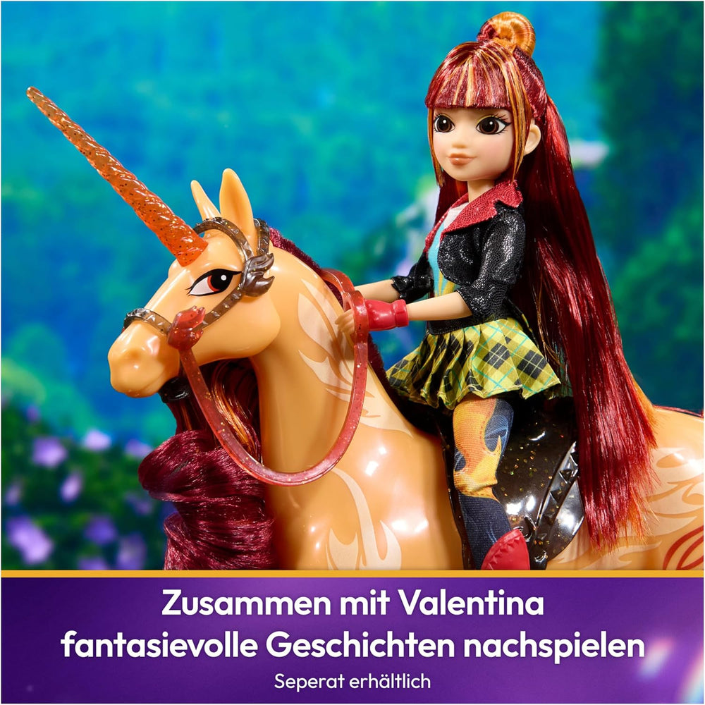 Unicornul Cinder de la Unicorn Academy - 28 cm înălțime, unicorn original de Valentina din serialul Netflix, cu coamă și coadă reale, frâu și șa detașabile și perie, pentru copii cu vârsta de 4 ani și peste
