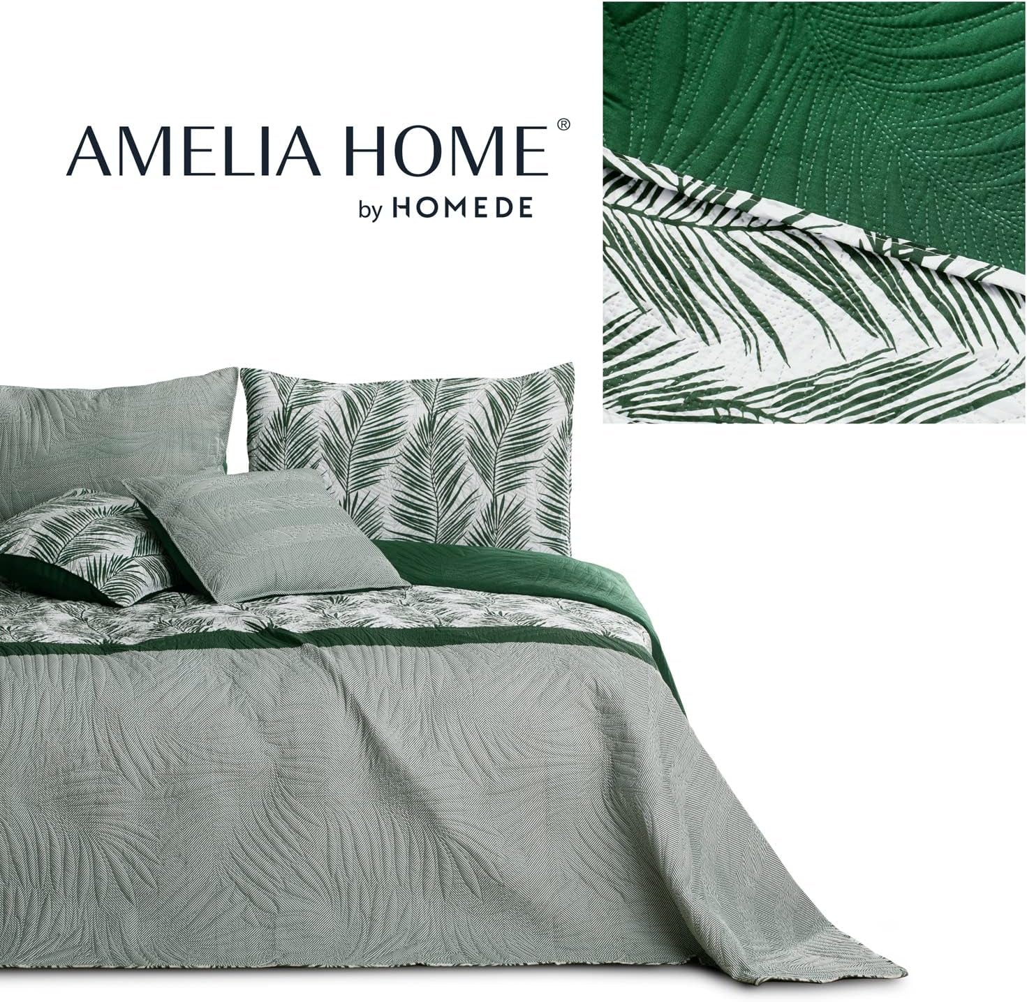 Ameliahome Ágytakaró Ágytakaró 170X210 cm Kétoldalas Easy Care Ágytakaró Növénymintás Zöld Fehér Tropical Bonaire Ágyak és Takarók Besuche den AmeliaHome-Store