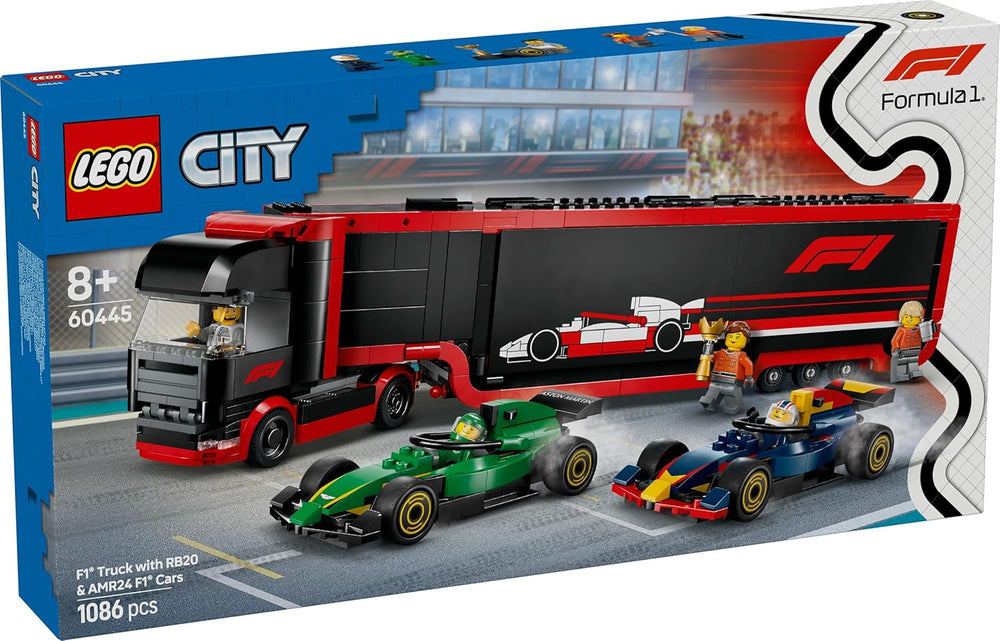 LEGO City F1 szállító RB20 és AMR24 F1 versenyautókkal – Játékautó-szállító Red Bull és Aston Martin Forma 1 csapatok számára – Beleértve 5 minifigura – Ajándék 8 év feletti fiúknak és lányoknak, 60445 építőkészlet Besuche den LEGO-Store