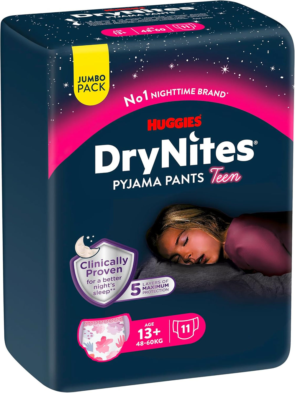 Huggies DryNites éjszakai ágybavizes pelenkák lányoknak 13-17 éves korig (48-60 kg) 33 darab (3 x 11) Jumbo havi csomag XL pelenkanadrág