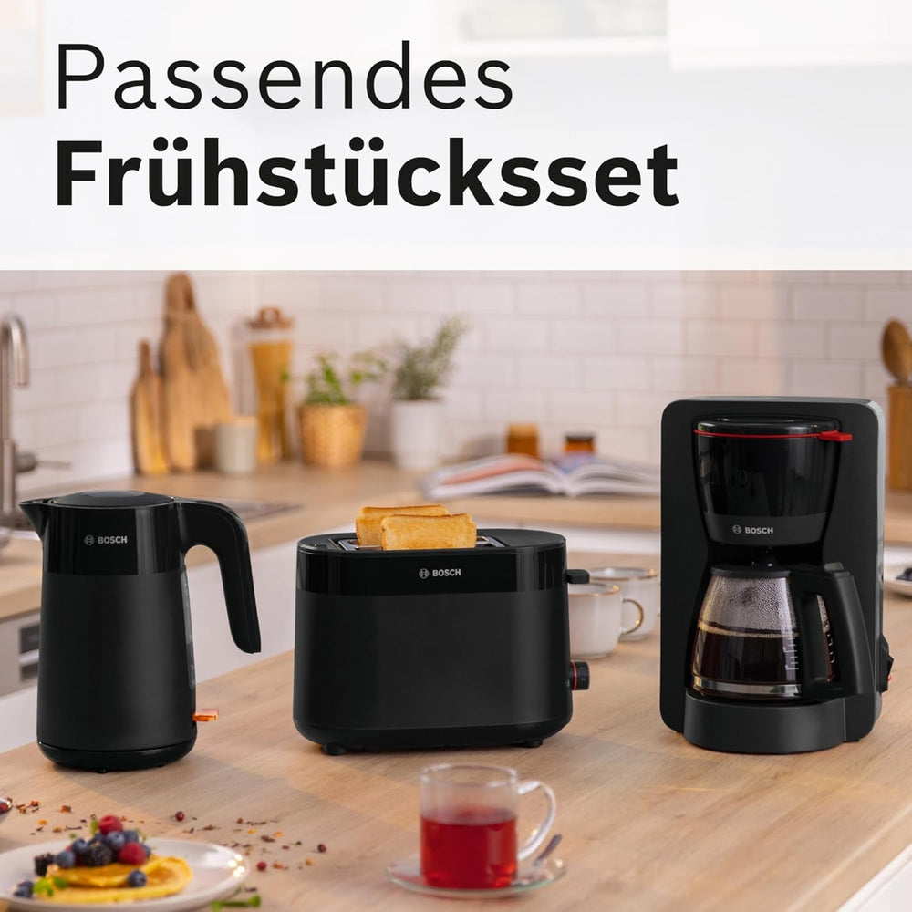 Espressor cu filtru Bosch MyMoment TKA2M113, carafă din sticlă de 1,25 l, pentru 10-15 cești, funcție de menținere la cald timp de 40 de minute, sistem anti-picurare, suport pentru filtru rotativ, rezervor de apă detașabil, 1200 wați, negru mat