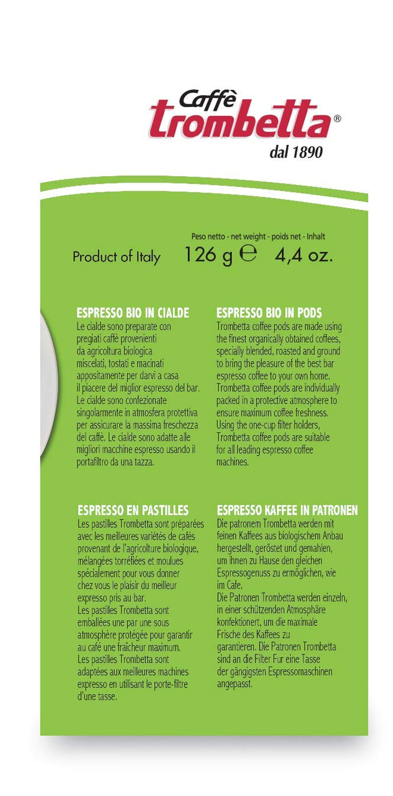 Caffè Trombetta ESE Kaffeepads, Italien Kaffee, Reichhaltiges Aroma und samtiger Geschmack Biologisch - 1 Packungen zu je 18 Kaffeepads