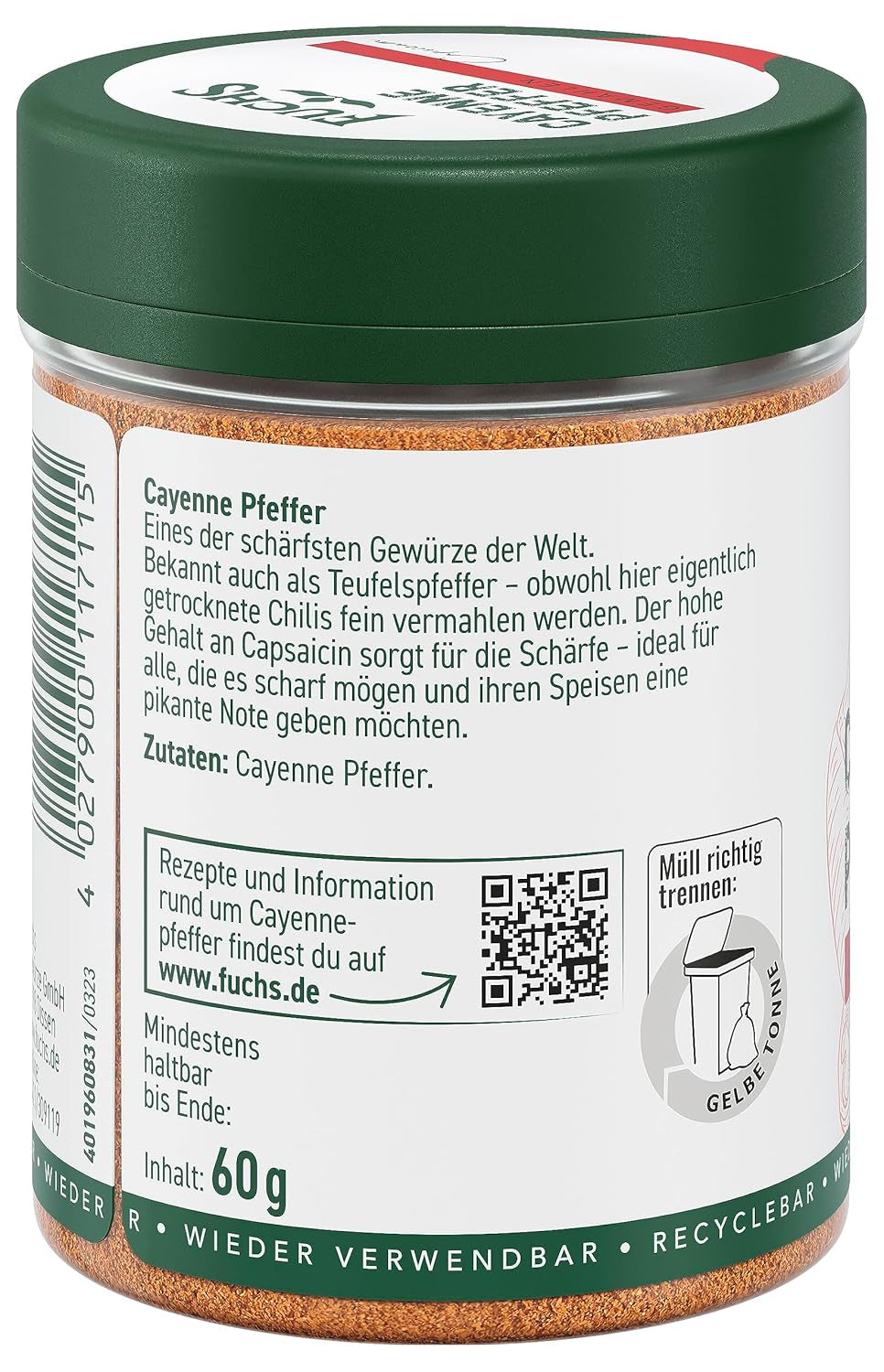 Fuchs Gewürze - Cayenne paprika gemahlen - einen scharfen Geschmack mindenféle ételhez - természetes összetevők - 60 g wiederverwendbarer, recyclebarer Dózis