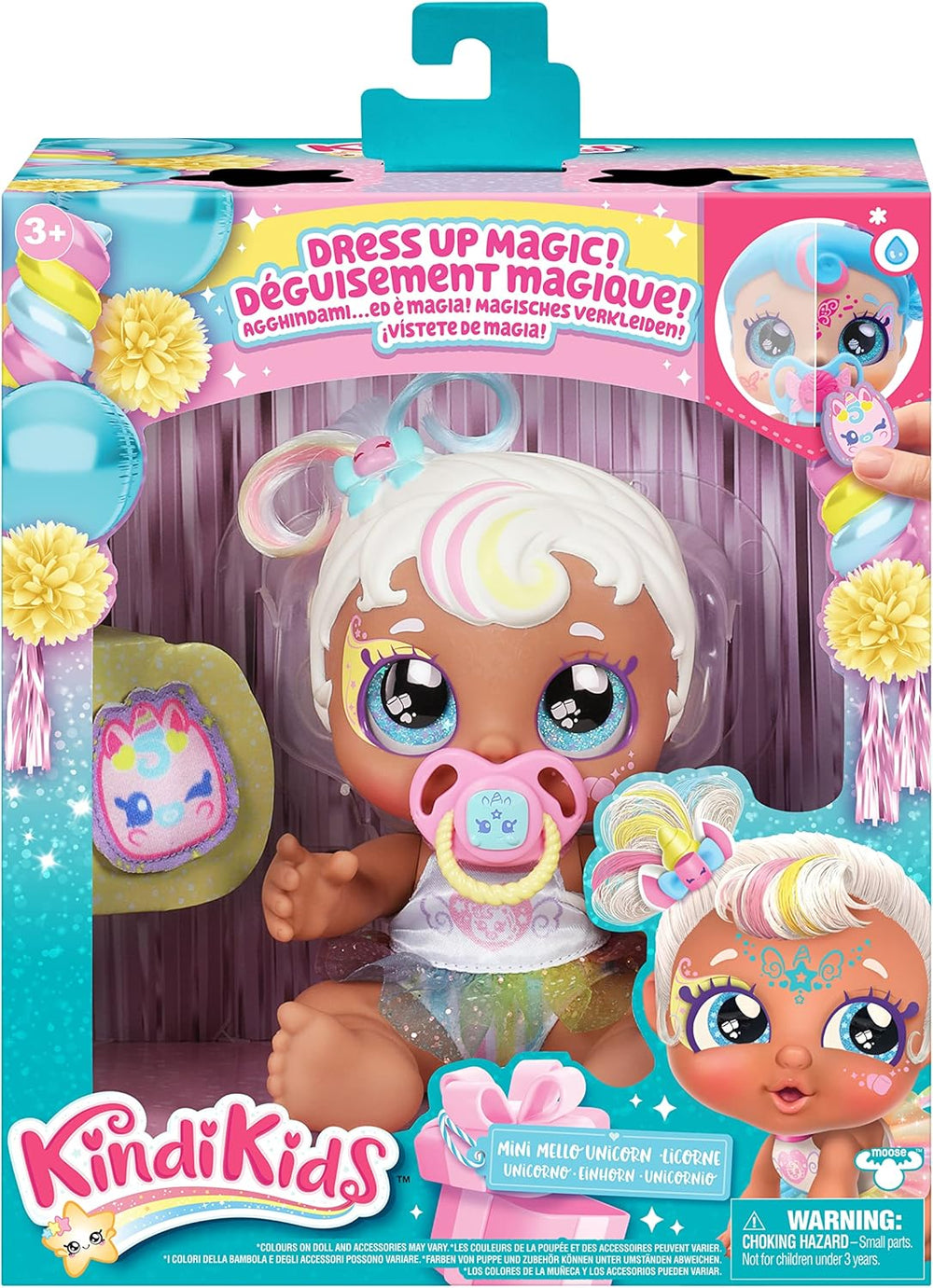 Baby Sister-Puppe Mini Mello als Einhorn, 1 Puppe mit Spielzeug Pacifier und Zauberschwamm für magische Gesichtsbemalung. Große, glitzernde Augen, biegsame Arme und Beine, 50275