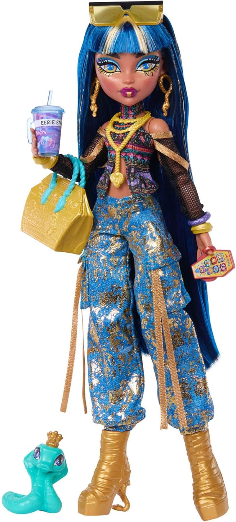 Monster High-Puppe, Draculaura mit rosa Kleid mit Schleifen und schwarzer Strickjacke, mit Fledermaus Count Fabulous und 7 Zubehörteilen wie Ramen, Lippenstift und Tasche, JHK29