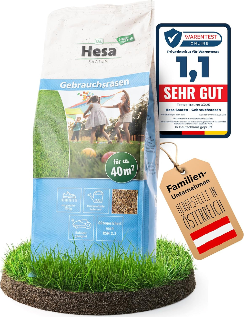 Hesa Gebrauchsrasen 1 Kg Für 40 M², RSM 2.3, Schnellkeimende Premium Rasensamen Sport- Und Spielrasen, Grassamen Strapazierfähig Und Robust in Profiqualität