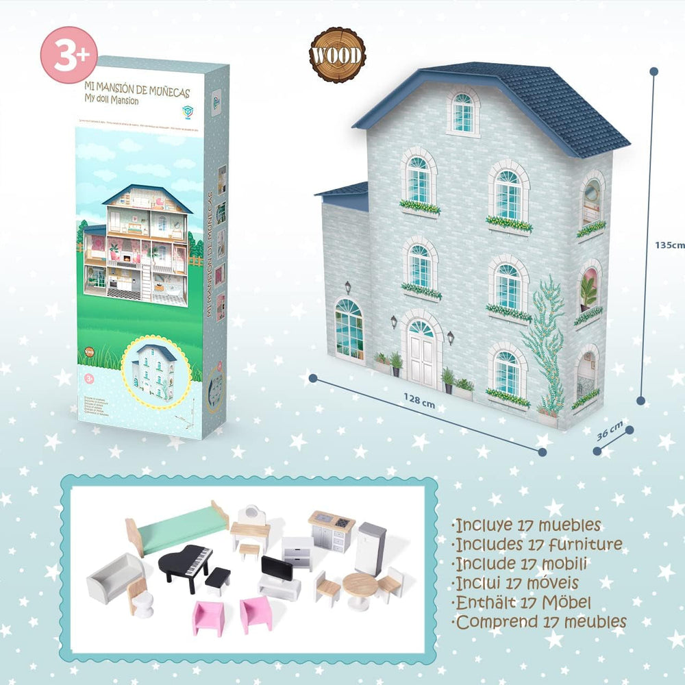 Deqube fából készült babaház, 4 szintes, babaház minden szobában különböző és letisztult díszítéssel, 17 kiegészítővel - 135 x 36 x 128 cm méret (913D00016) Naty Shop babaházak