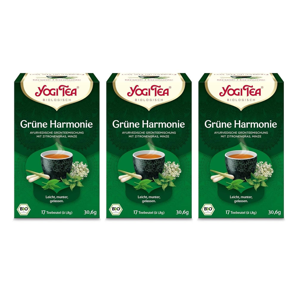 Yogi Tea - Armonie verde, ceai ayurvedic organic cu mirodenii și plante, amestec de ceai verde, lemongrass, mentă, Yogi Tea pachet de 3, 3X17 pliculețe (51 pliculețe de ceai în total), ideal ca cadou