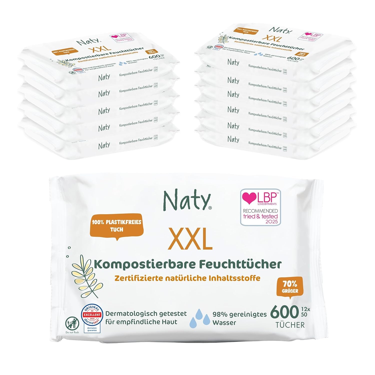 Naty Baby Wipes | 100%-ban gyógynövény- és illatanyagmentes érzékeny bőrre | Műanyagmentes és minősített komposztálható törlőkendők 98%-ban tisztított vízzel | 672 törlőkendő (12 csomag)