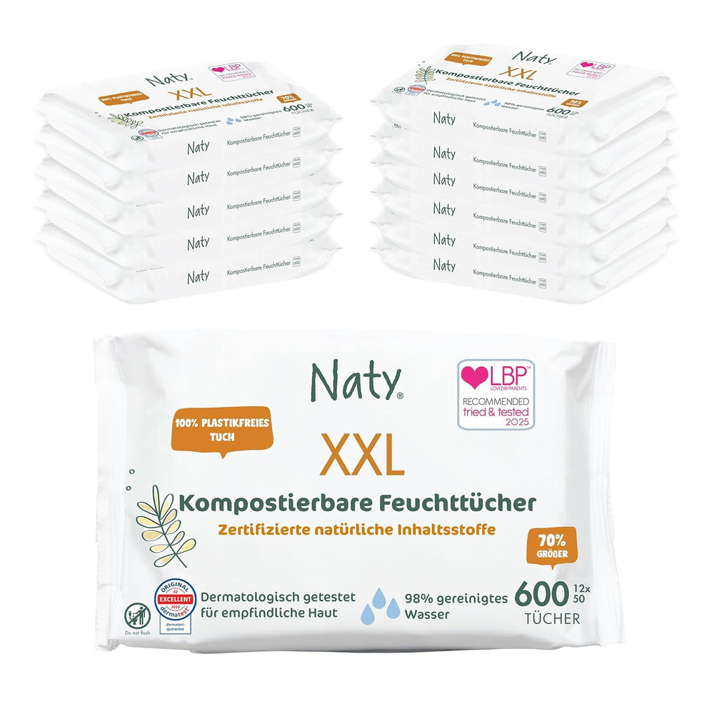 Naty Baby Wipes | 100%-ban gyógynövény- és illatanyagmentes érzékeny bőrre | Műanyagmentes és minősített komposztálható törlőkendők 98%-ban tisztított vízzel | 672 törlőkendő (12 csomag)