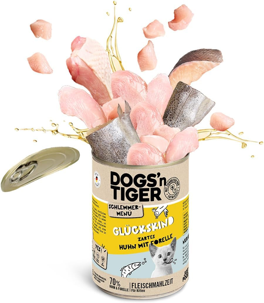 Dogs'n Tiger Schlemmermenü Glückskind, Nassfutter für Kätzchen, saftiges Huhn und Forelle - ohne Getreide, Zuckerzusatz, künstliche Konservierungsstoffe, optimale Verträglichkeit, 12x 200g