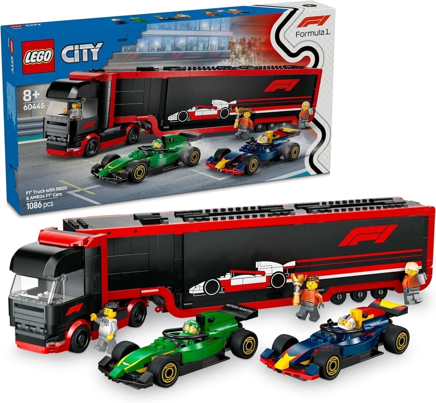 LEGO City F1 szállító RB20 és AMR24 F1 versenyautókkal – Játékautó-szállító Red Bull és Aston Martin Forma 1 csapatok számára – Beleértve 5 minifigura – Ajándék 8 év feletti fiúknak és lányoknak 60445 Építőkészlet Beuche den LEGO-Store Alapértelmezett cím