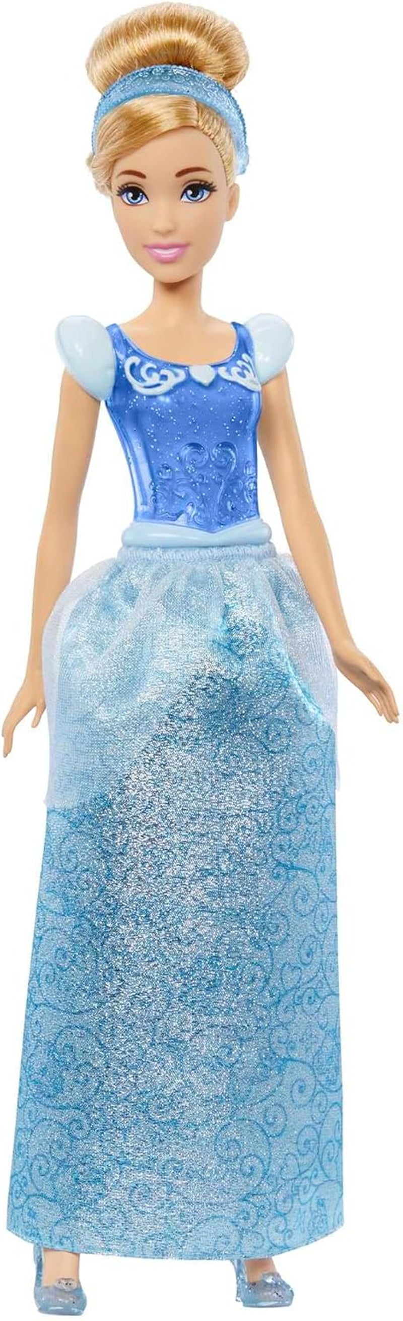 Mattel DISNEY Princess Hamupipőke mozgatható baba csillogó ruhával, levehető cipőkkel és tiarával, fésülhető haj a fodrászathoz, 3 éves kortól, HLW06 Naty Shop babák