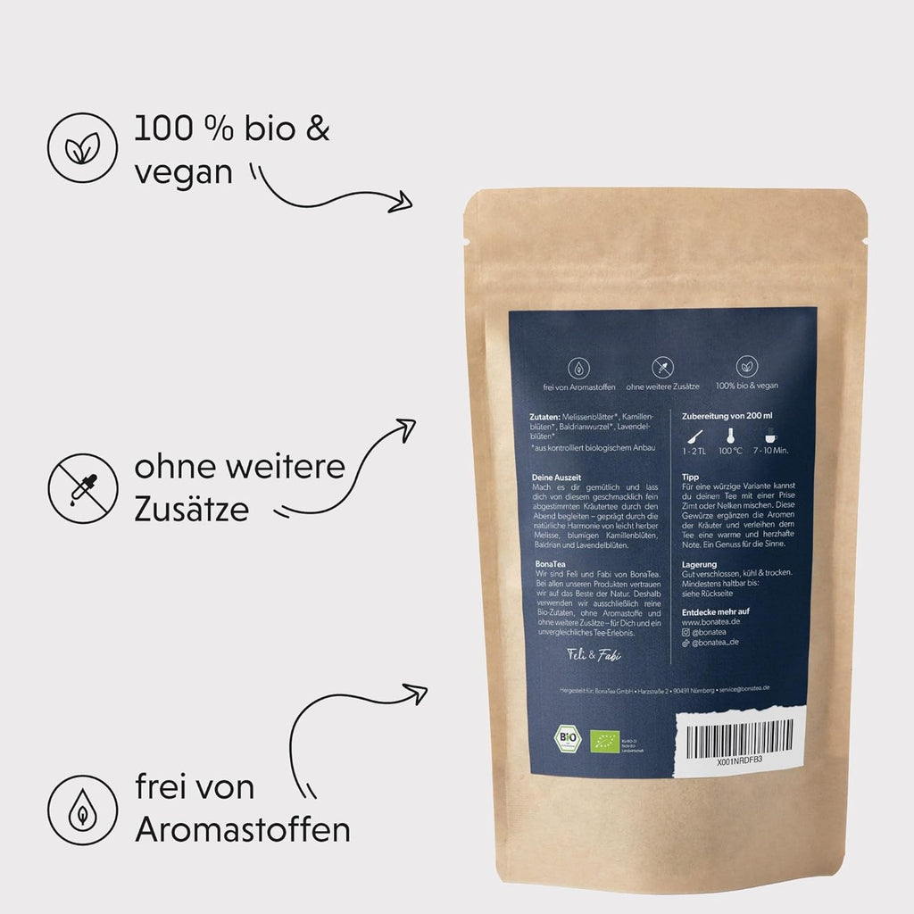 Ceai de seară BIO 100 g - Pauza ta cu valeriană, lavandă, melisă, mușețel, amestec de ceaiuri din plante pentru relaxare seara