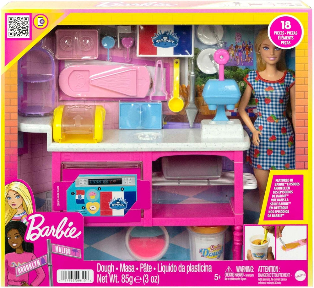 Barbie Malibu Roberts - Puppe und Spielset mit 18 Teilen zum Backen, inklusive formbarem Teig und Förmchen für Donuts, Croissants und Cupcakes, für Kinder ab 3 Jahren, HJY19