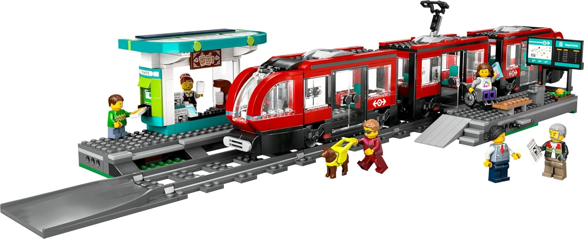 LEGO City villamos állomással, ajándékötlet járműjáték-rajongóknak 7 éves kortól, 6 minifigurával és egy vakvezető kutyával szerepjátékhoz, építőjáték 60423 Építőkészlet Besuche den LEGO-Store