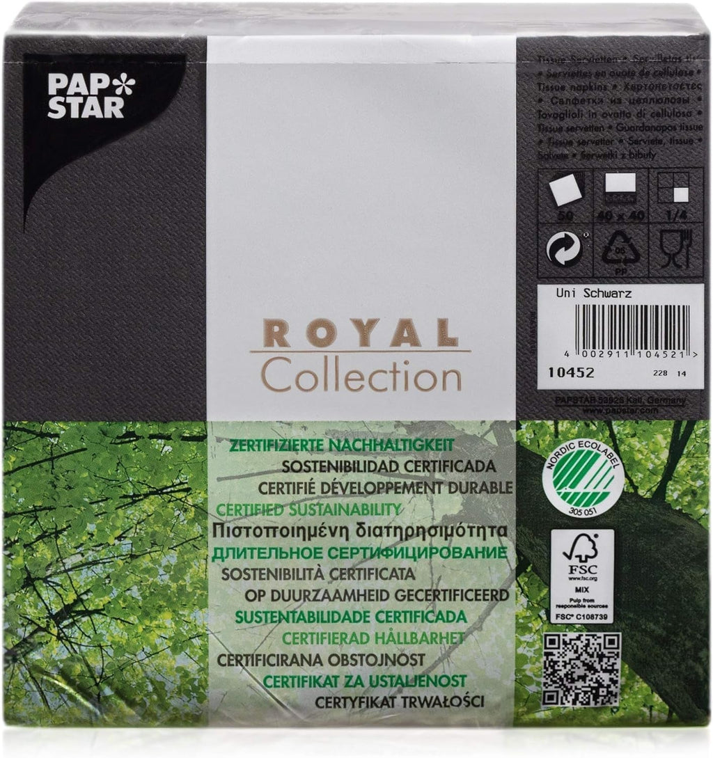 Șervețele Papstar / Șervețele Tissue Negre "Royal Collection" 40 X 40 Cm, 1/4-Fold, ideale pentru catering, gospodărie sau petreceri, #10452, 1 X 50Pack