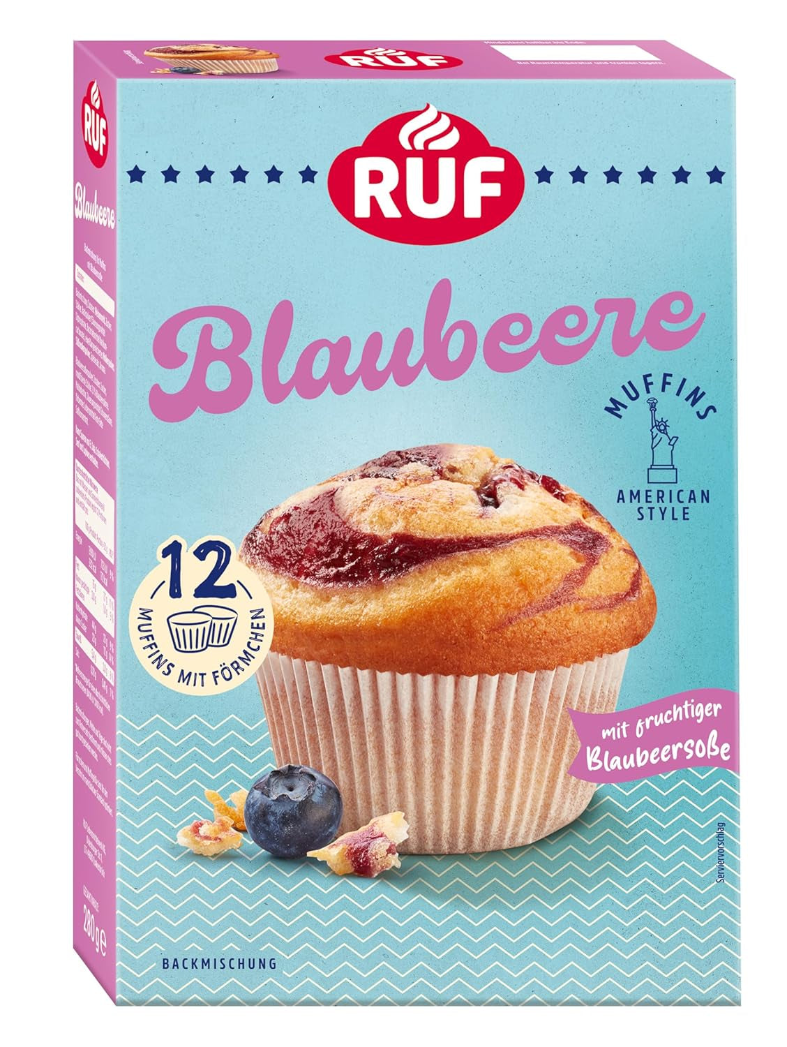 RUF Cheesecake-Muffins Backmischung, American Style Muffins Mit Cremiger Füllung, Einfache Zubereitung, 12 Muffin-Förmchen Inklusive Naty Shop Blaubeere 280 G (1 Er Pack)